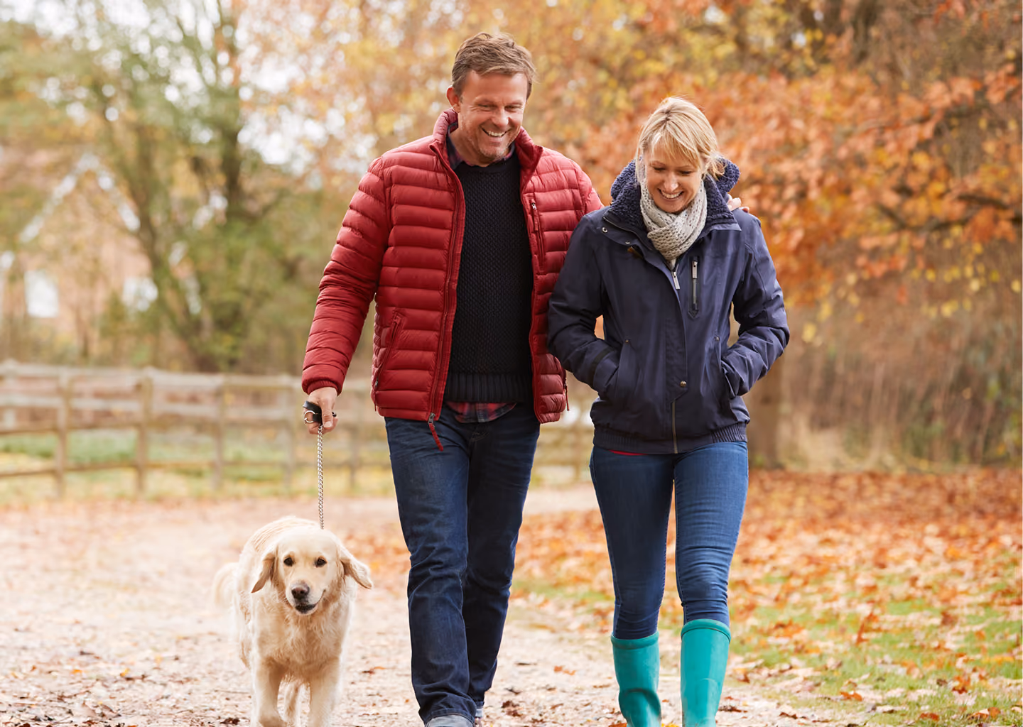 Couple walking their dog outdoors, representing Northeast Wealth's Taking the Lead financial planning service for people in their 40s