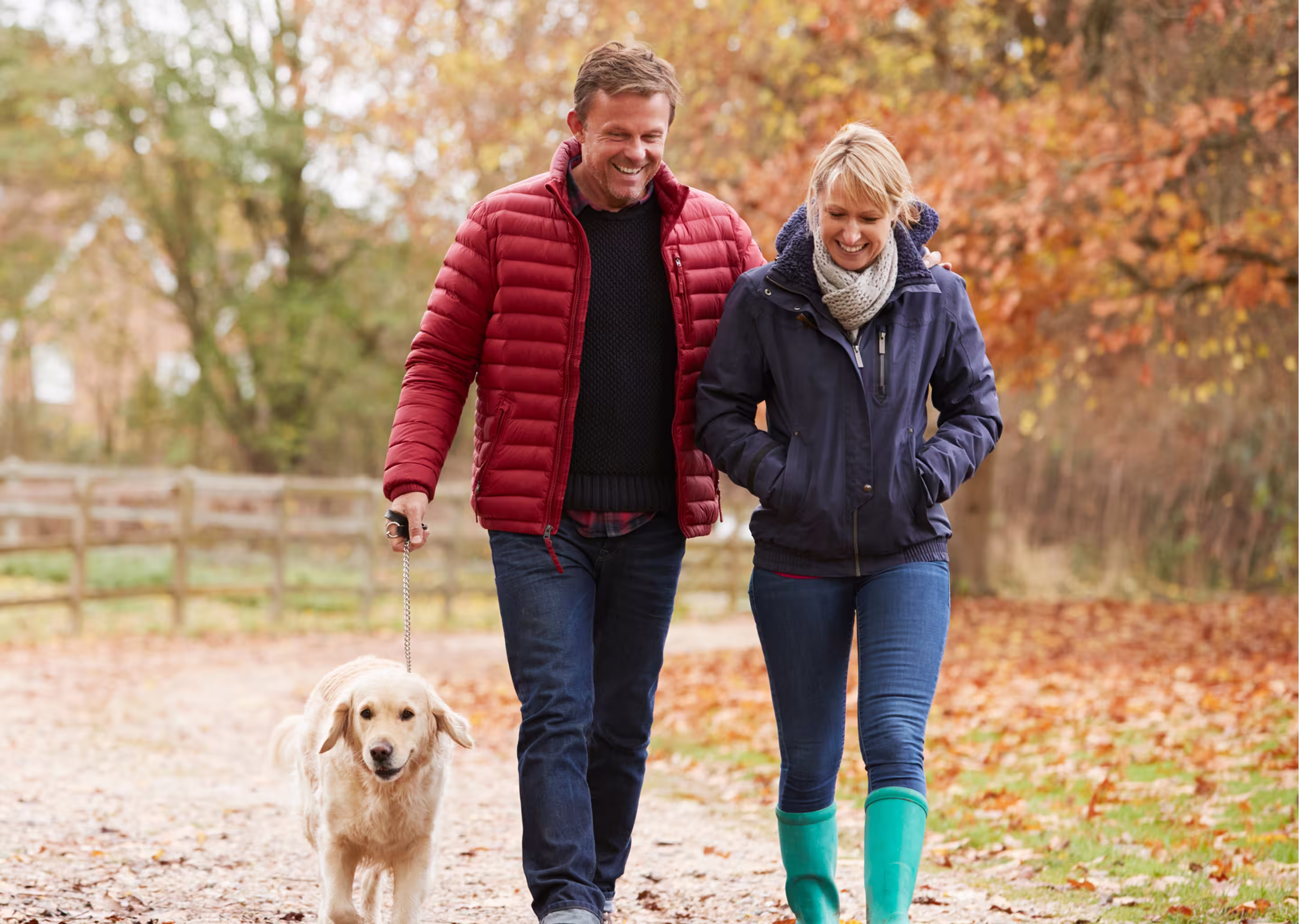 Couple walking their dog outdoors, representing Northeast Wealth's Taking the Lead financial planning service for people in their 40s