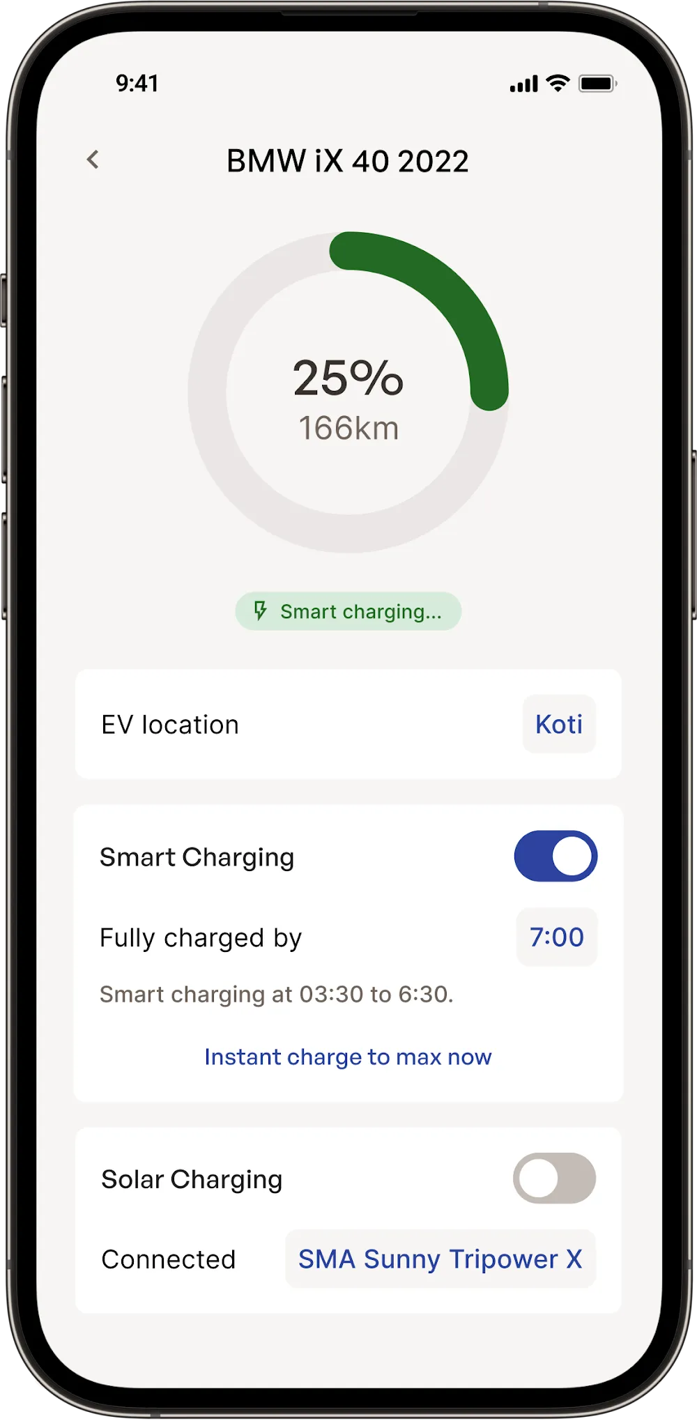 Synergi app EV smart charging screen