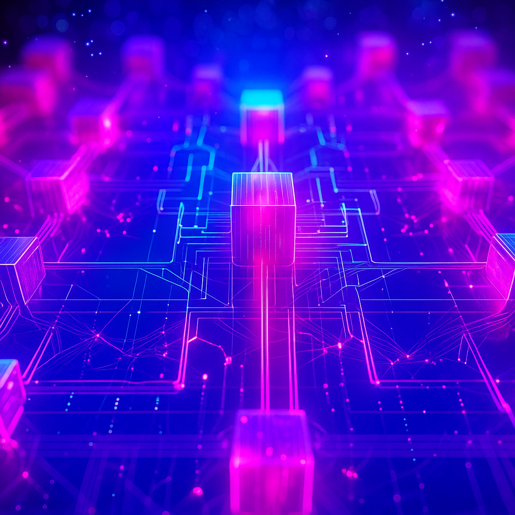 Visual representation of a complex digital network system with interconnected nodes and glowing