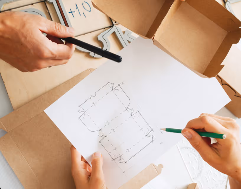 Two hands holding a paper with a packaging design sketch and cardboard pieces around.