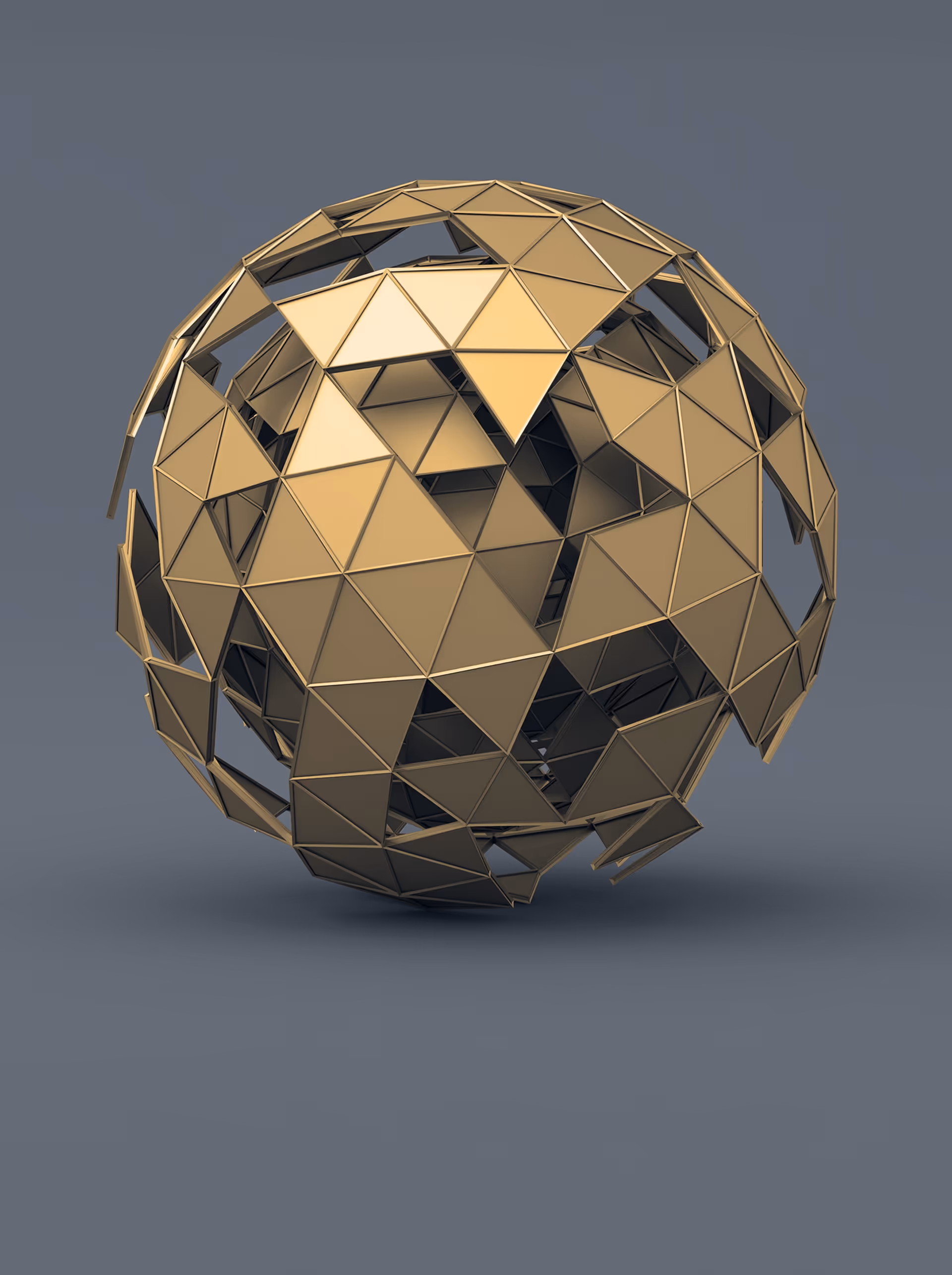 Golden metallic sphere composed of interconnected triangular panels with some panels missing, floating against a gray background.