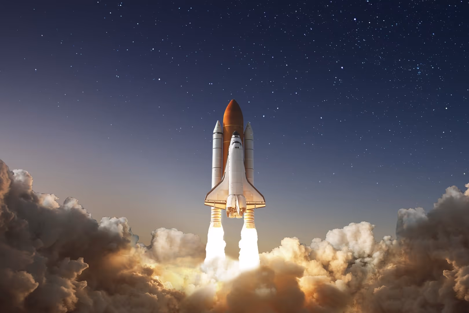 Space shuttle launching into a starry night sky with bright flames and smoke below.
