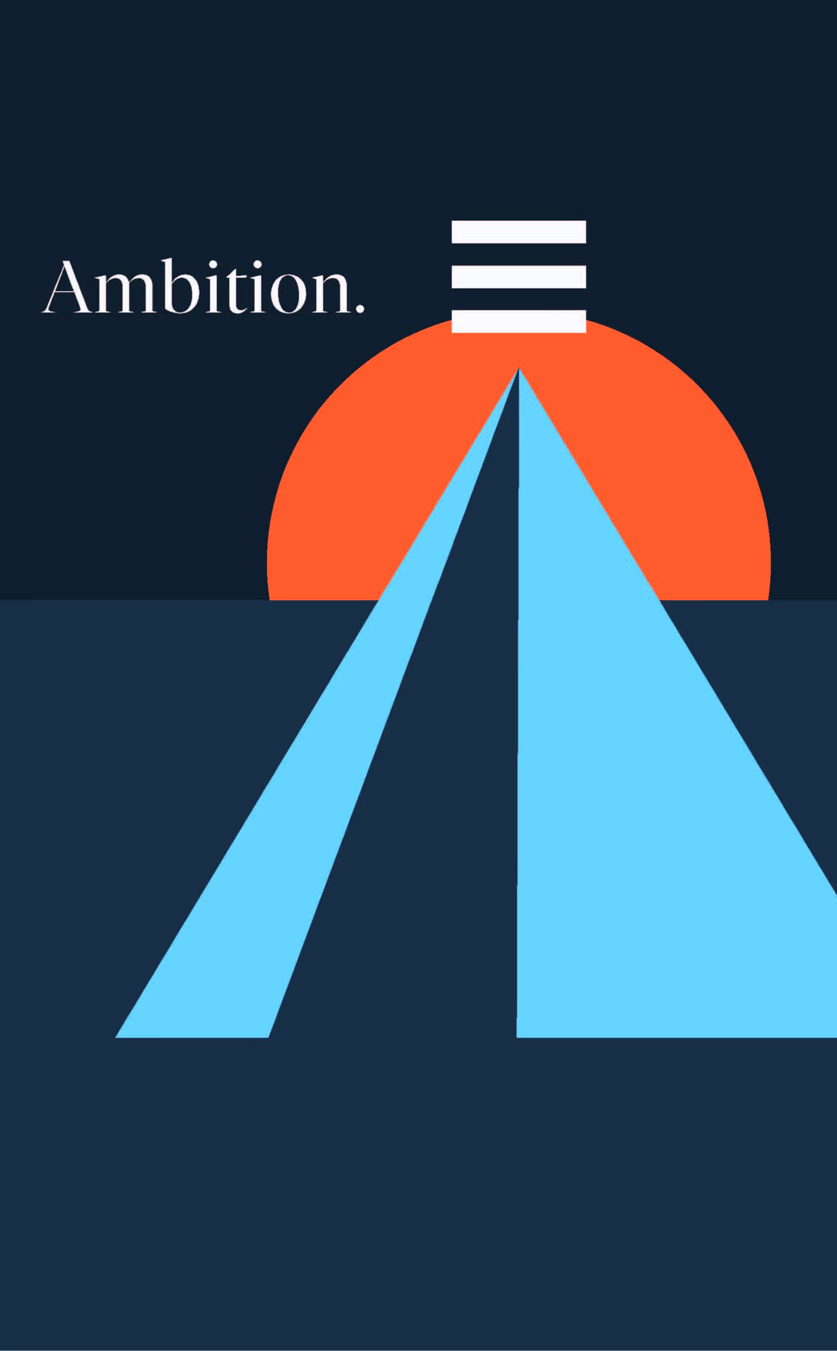 Abstract geometric illustration with two blue triangular shapes converging towards a red semicircle on a dark background, with the word 'Ambition.' to the left.