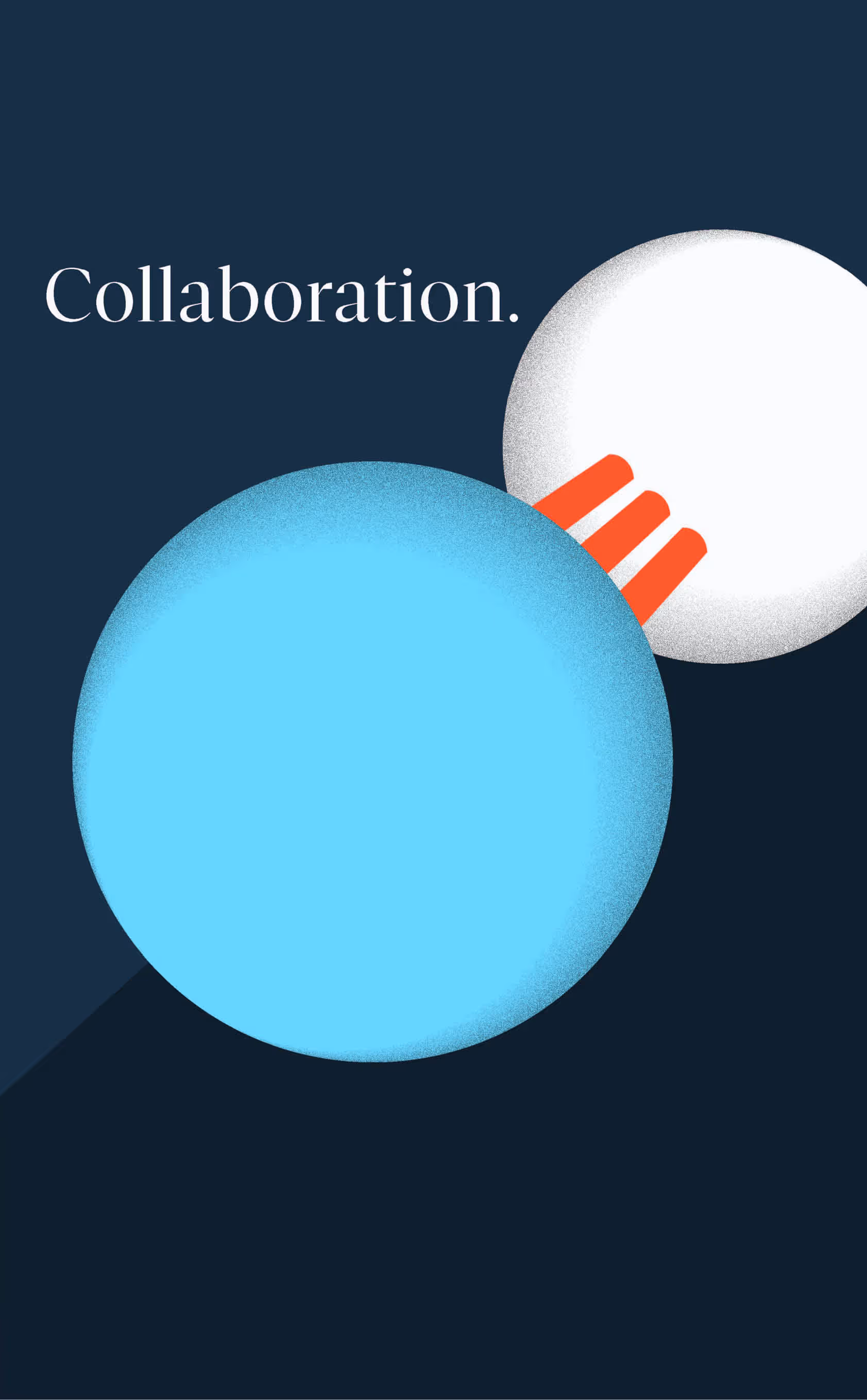 Abstract graphic with the word 'Collaboration' and two overlapping circles, one blue and one white with red accents, on a dark background.