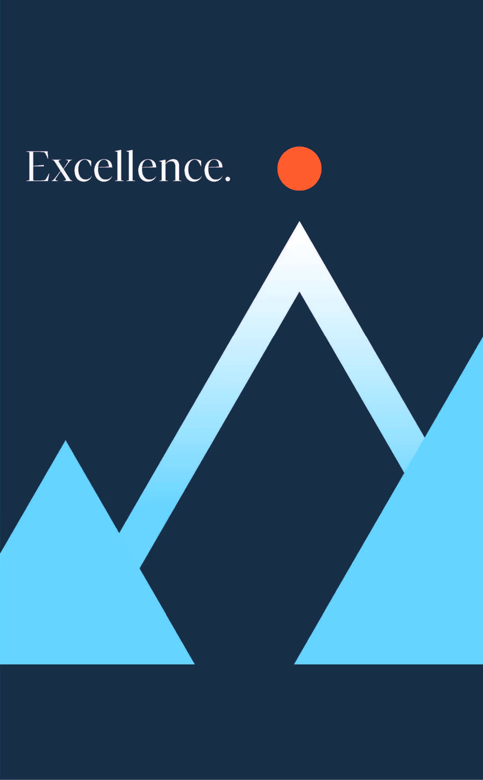 Graphic with word 'Excellence' and blue mountain peaks with a red circle above the highest peak on a dark background.