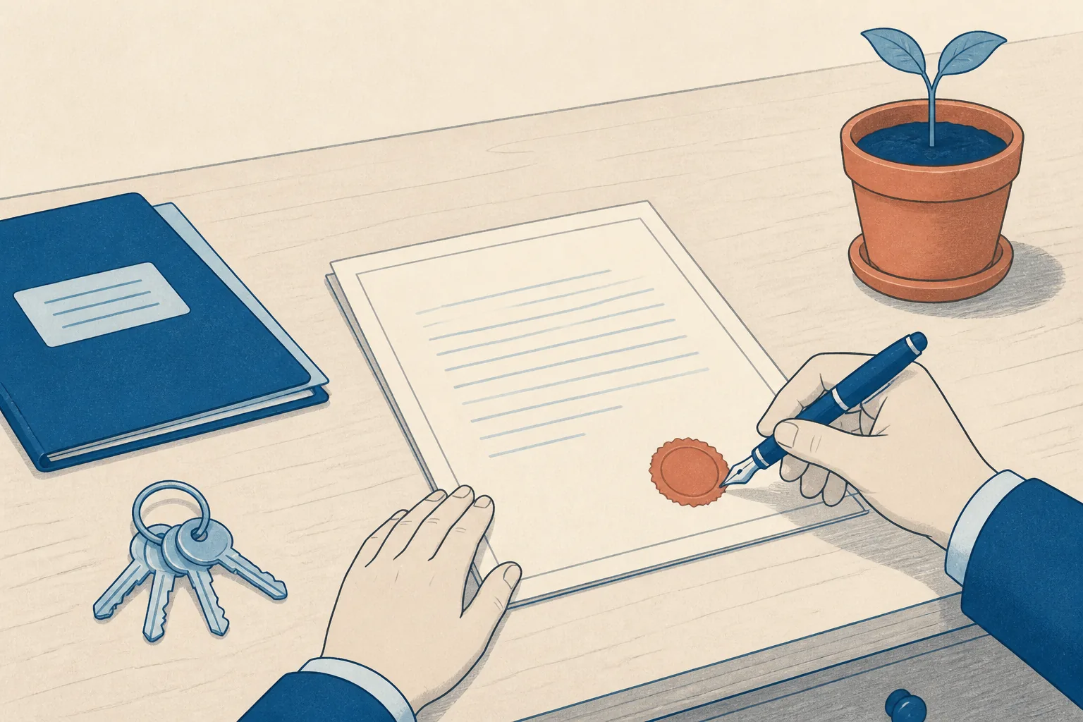 Ilustrace: podpis zakladatelské listiny u notáře, vedle klíče a sazenice v květináči