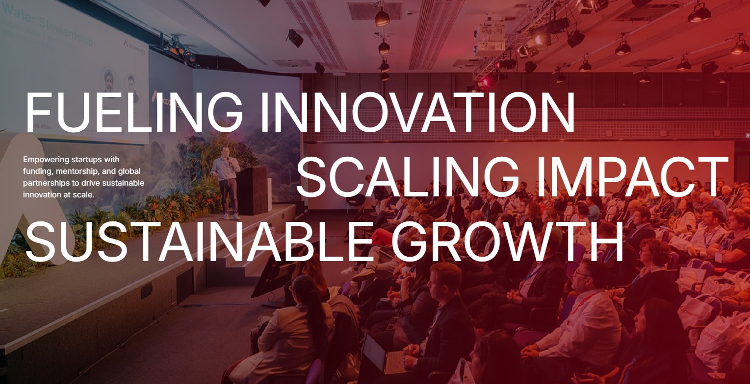 Speaker on stage at startup event with audience, overlaid text: Fueling Innovation, Scaling Impact, Sustainable Growth