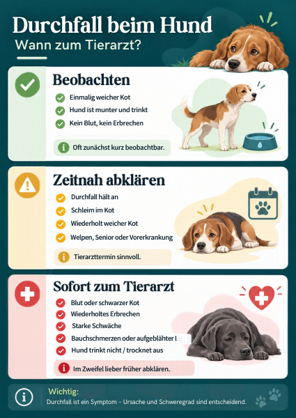 Schaubild: Durchfall beim Hund – beobachten, zeitnah abklären oder sofort zum Tierarzt