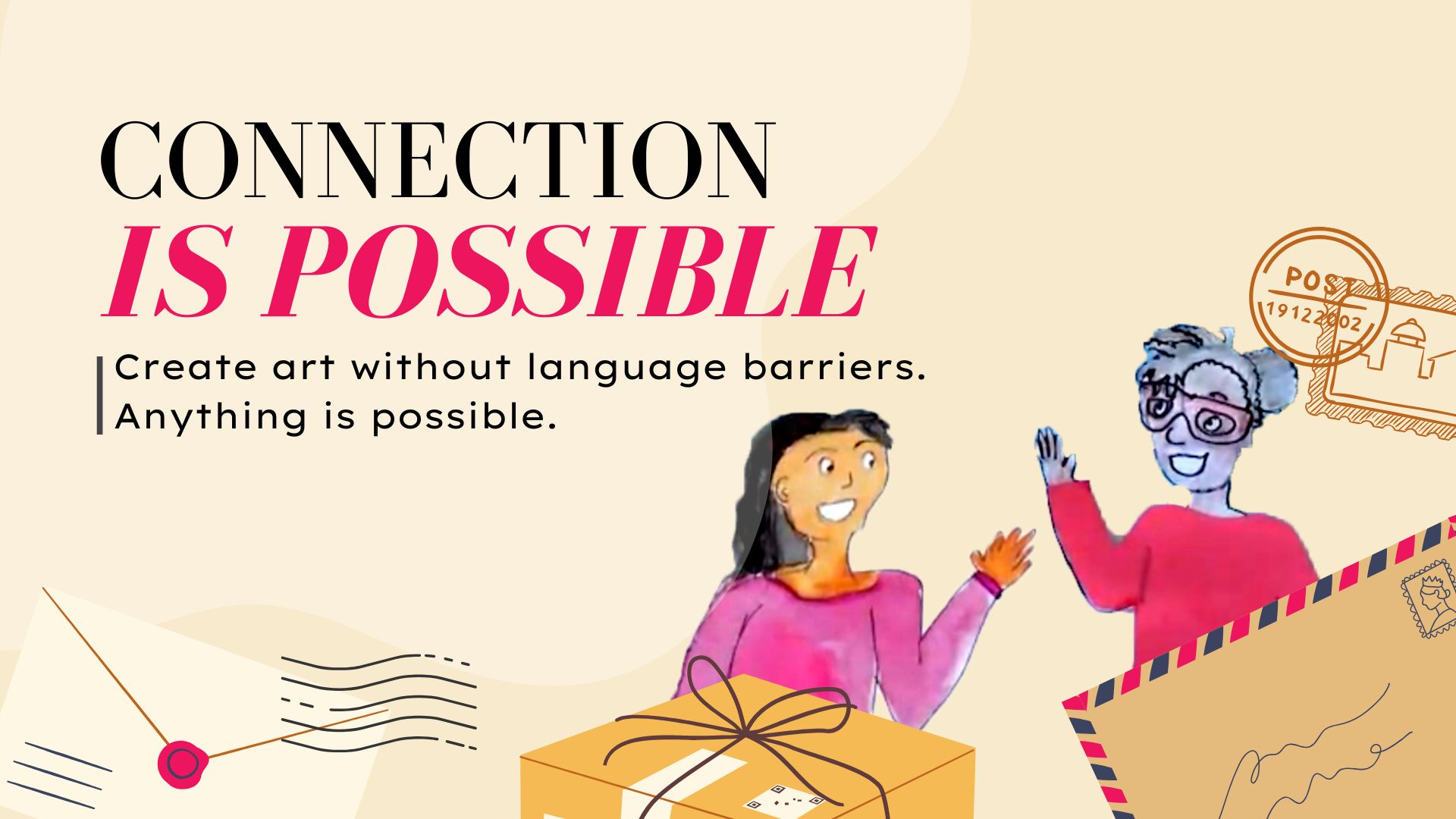 Cartoon characters of Jenelle and Kanika wave to each other, surrounded by several illustrated pieces of mail. 