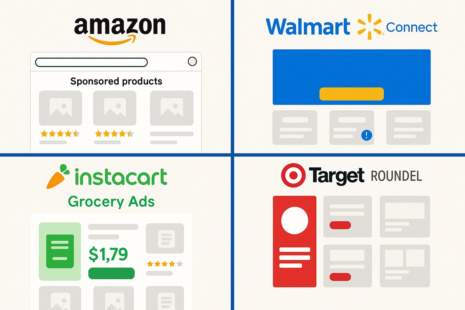 Split-screen comparison of retail media ad placements across Amazon Sponsored Products, Walmart Connect display ads, Instacart grocery ads, and Target Roundel formats, highlighting differences in creative layout and platform branding.