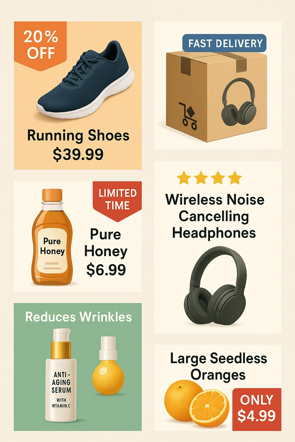 Grid of six optimized retail media ad examples highlighting price discounts, fast delivery, high ratings, limited-time offers, and product benefits