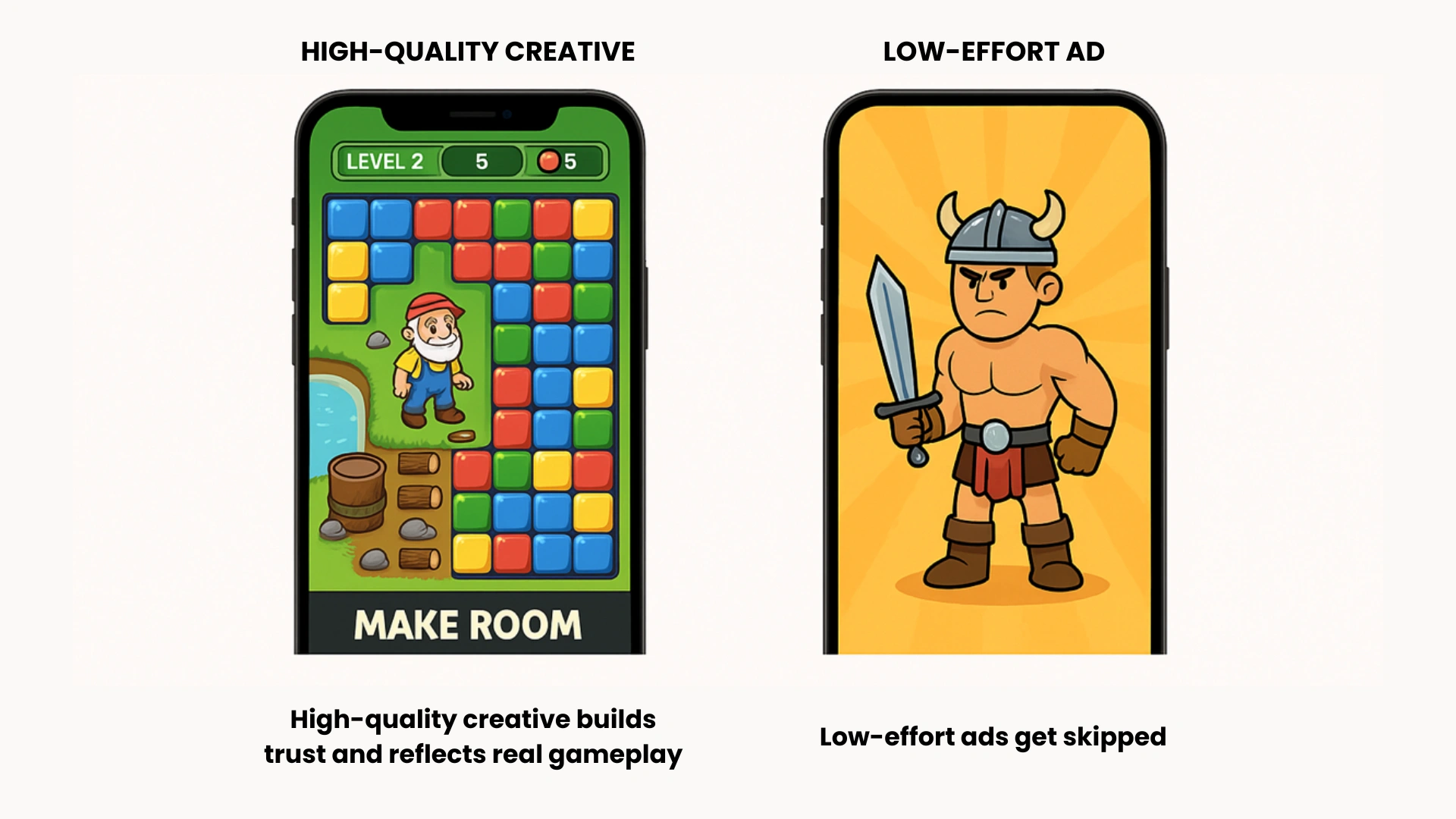 Side-by-side comparison of mobile gaming ad creatives showing a high-quality puzzle game ad versus a low-effort warrior-themed ad, illustrating the impact of creative quality on ad performance and user engagement.