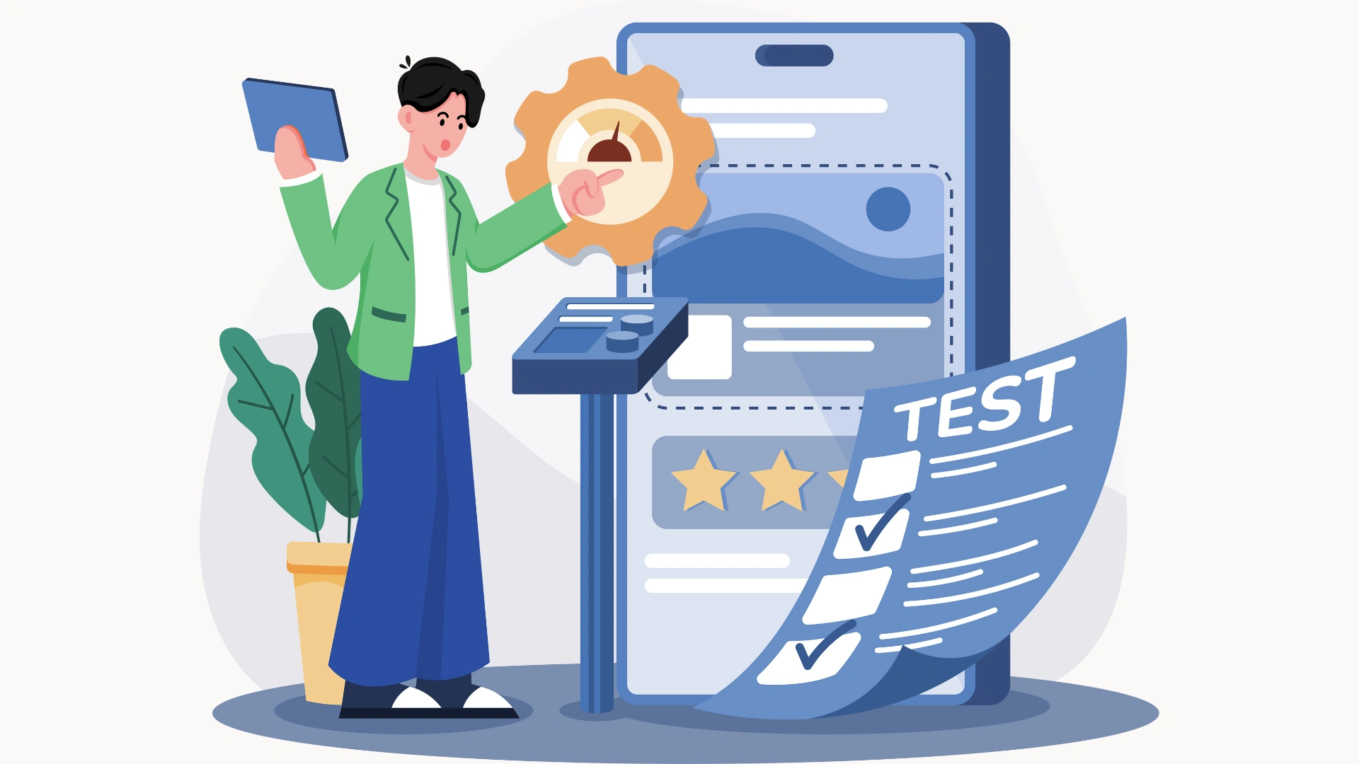 Illustration of a marketer testing mobile ad performance with a digital dashboard, highlighting the importance of A/B testing and creative analysis in gaming ad campaigns.