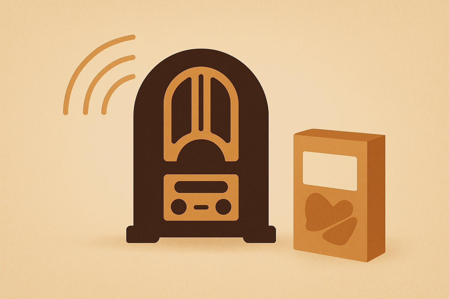 Flat design illustration of a vintage 1930s radio broadcasting beside a cereal box, representing early brand advertising through radio jingles.