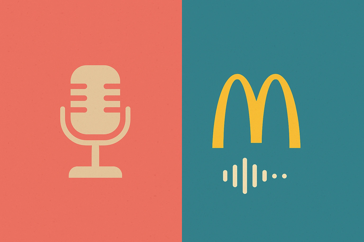 Minimalist split graphic showing a vintage microphone on a coral background and McDonald’s golden arches with soundwave icon on a teal background, symbolizing evolution of sonic branding.