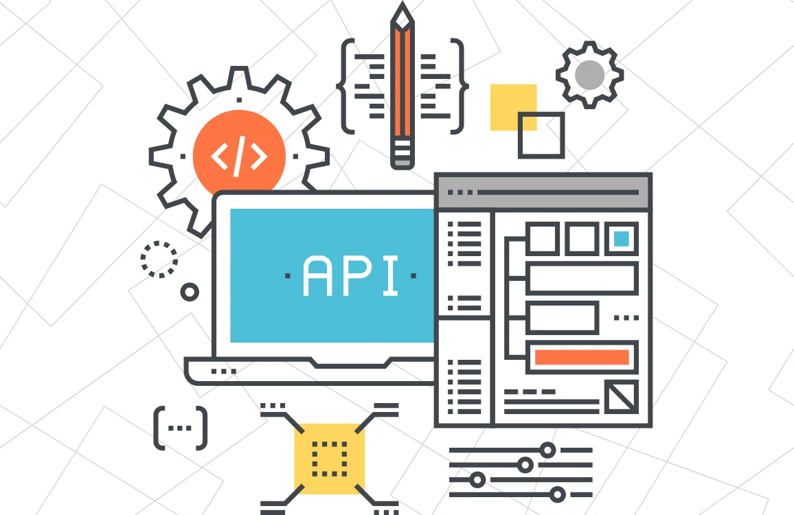Illustration of API integration concept showing laptop, coding symbols, and system architecture elements for software development