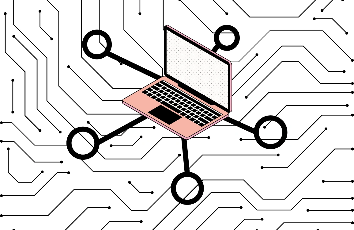 Graphical illustration of a laptop connected to multiple systems, representing advertising stack integration with MCP.