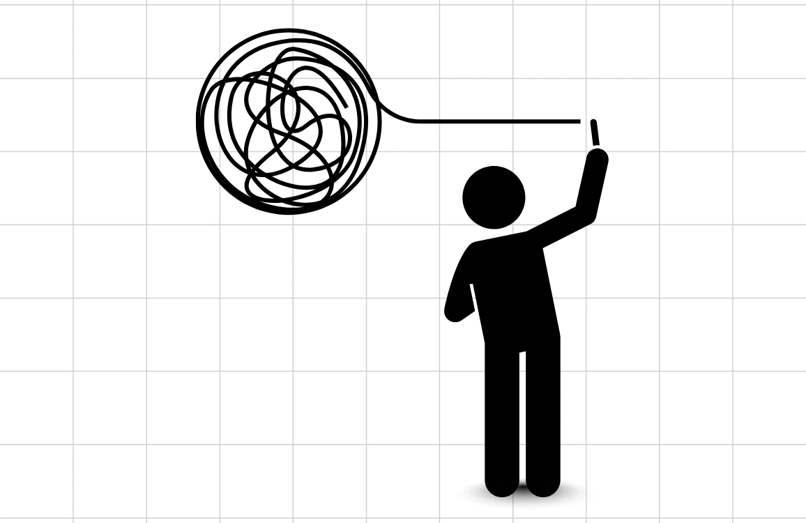 “Illustration of a marketer facing a tangled workflow, symbolizing the complexity of disconnected advertising tools.