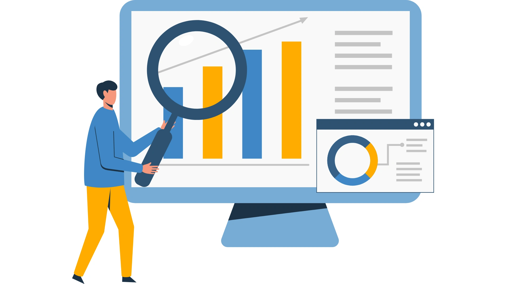 Illustration of a marketer analyzing data charts with a magnifying glass on a computer screen, representing AI-driven ad analytics and performance tracking.