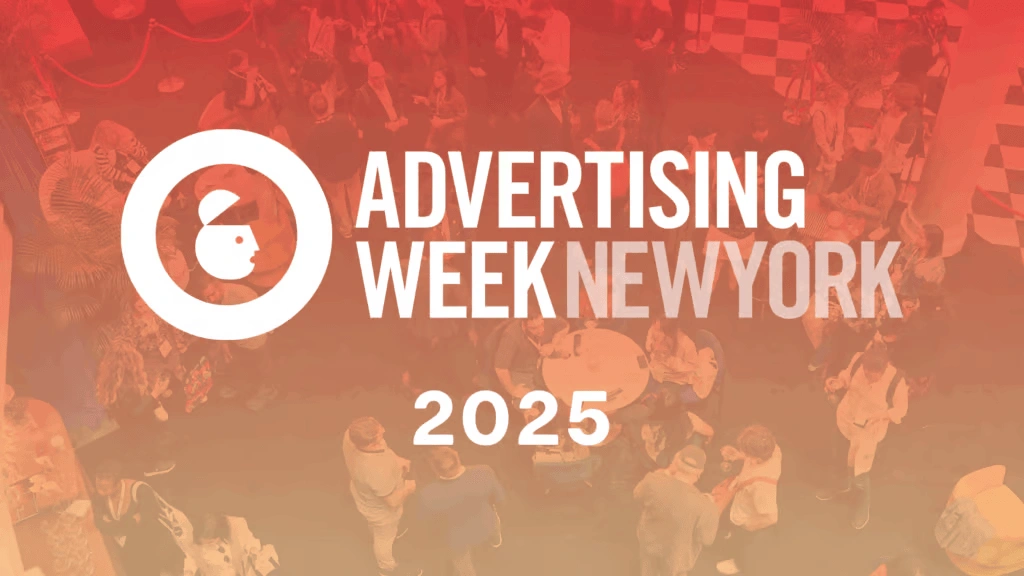 Advertising Week New York 2025 event logo over a crowd of marketers and media professionals networking at the conference.