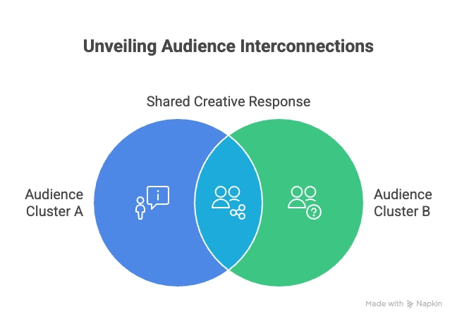 Venn diagram showing two overlapping audience clusters connected by shared creative response, illustrating audience interconnections.