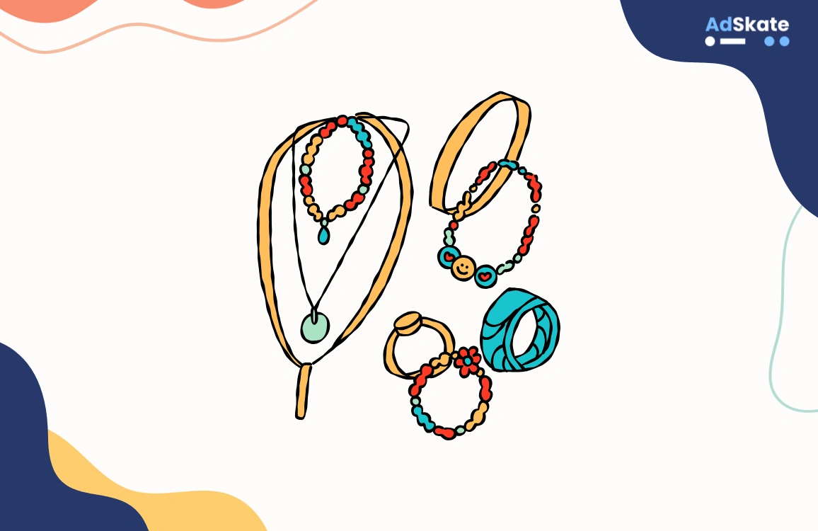 Colorful illustration of various jewelry pieces including necklaces, bracelets, rings, and bangles, surrounded by abstract design elements and AdSkate branding in the corner.