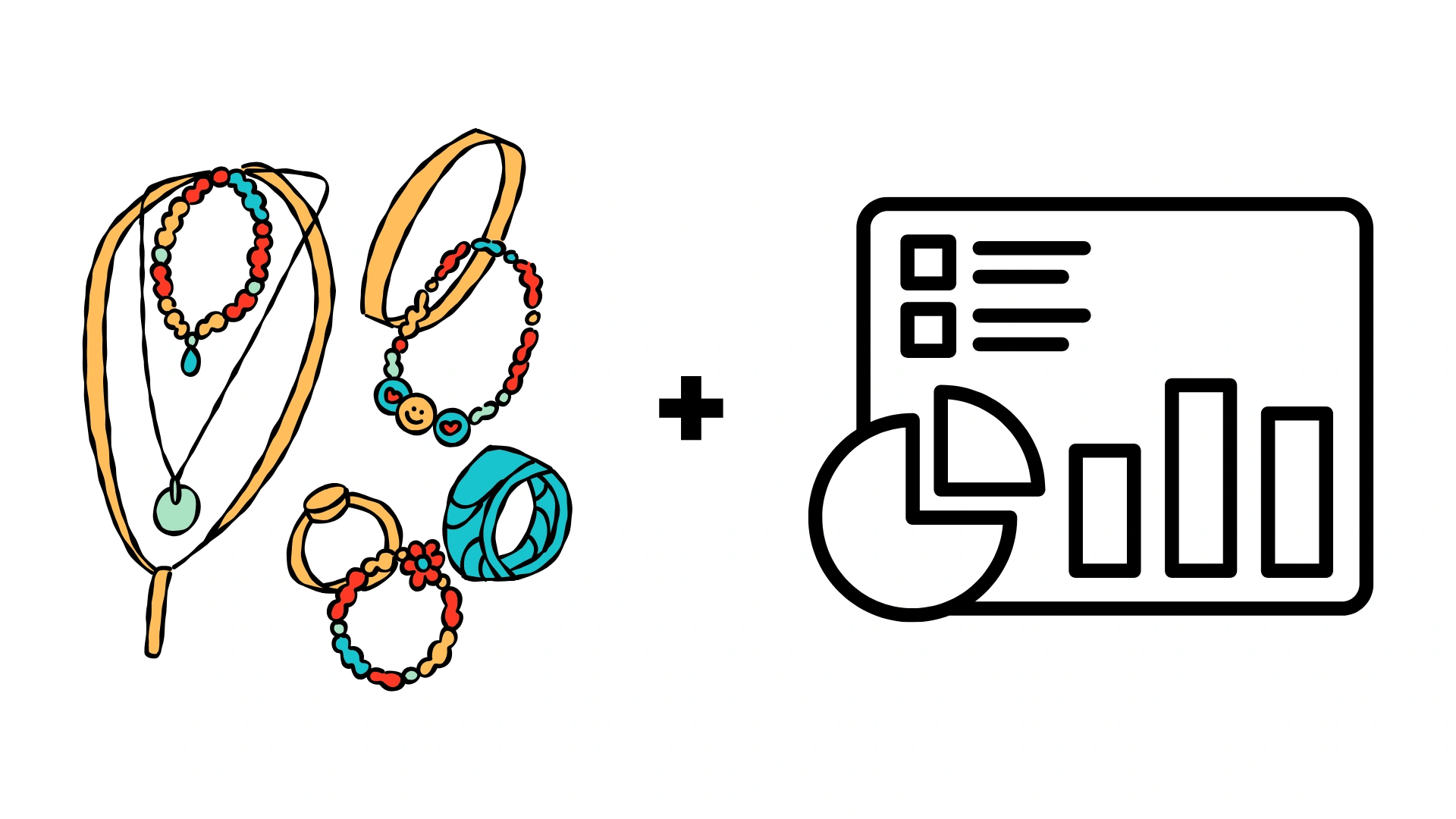 Illustration of colorful jewelry next to a data analytics dashboard, symbolizing the combination of creative design and performance metrics in jewelry advertising.