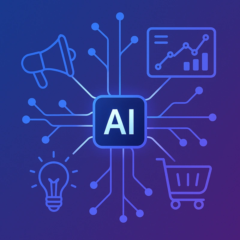AI system orchestrating marketing elements like analytics, creative, shopping, and advertising through neural network connections in a modern, tech-forward illustration