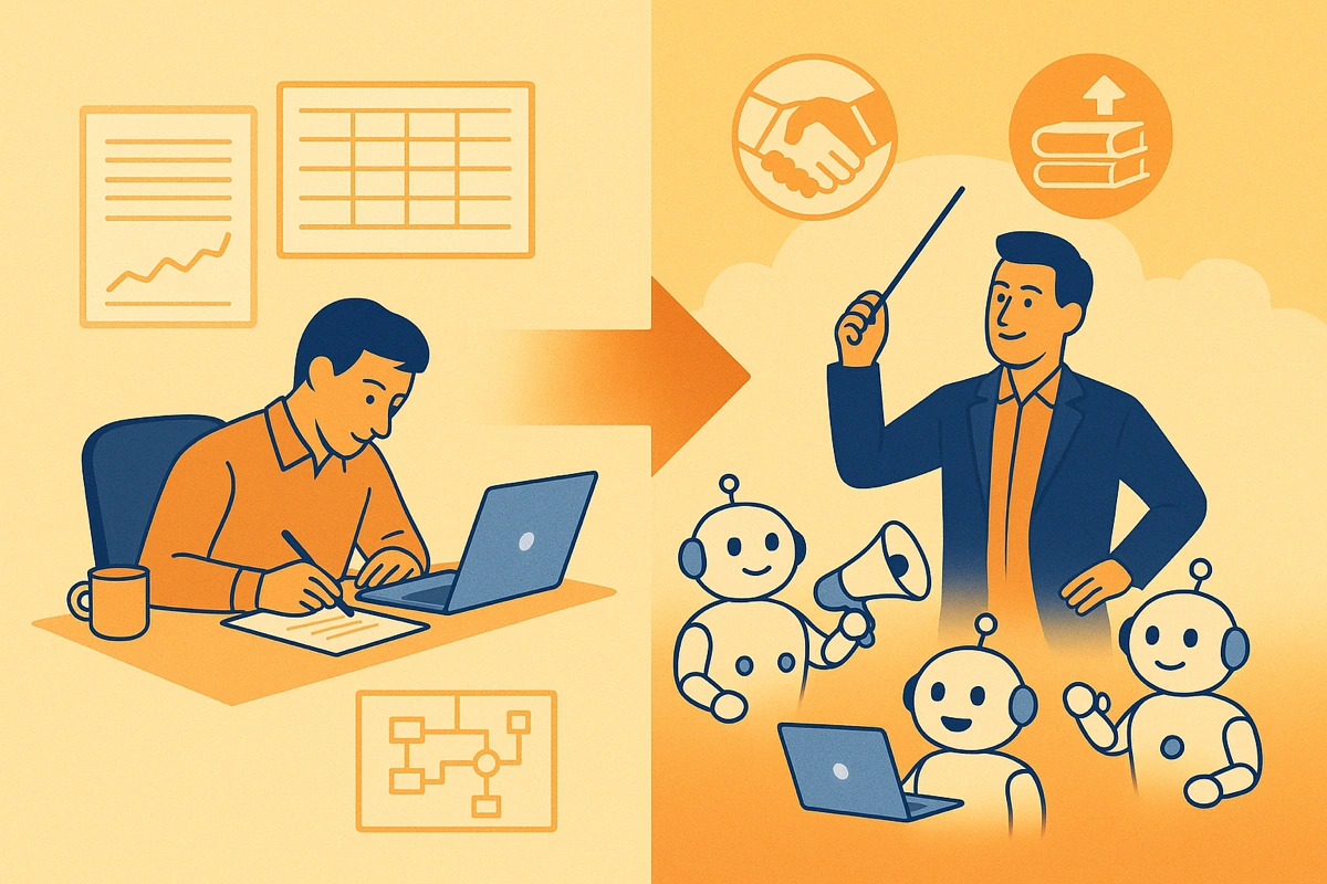 Illustration showing the transformation from traditional marketer to modern marketing orchestrator collaborating with AI assistants and digital tools