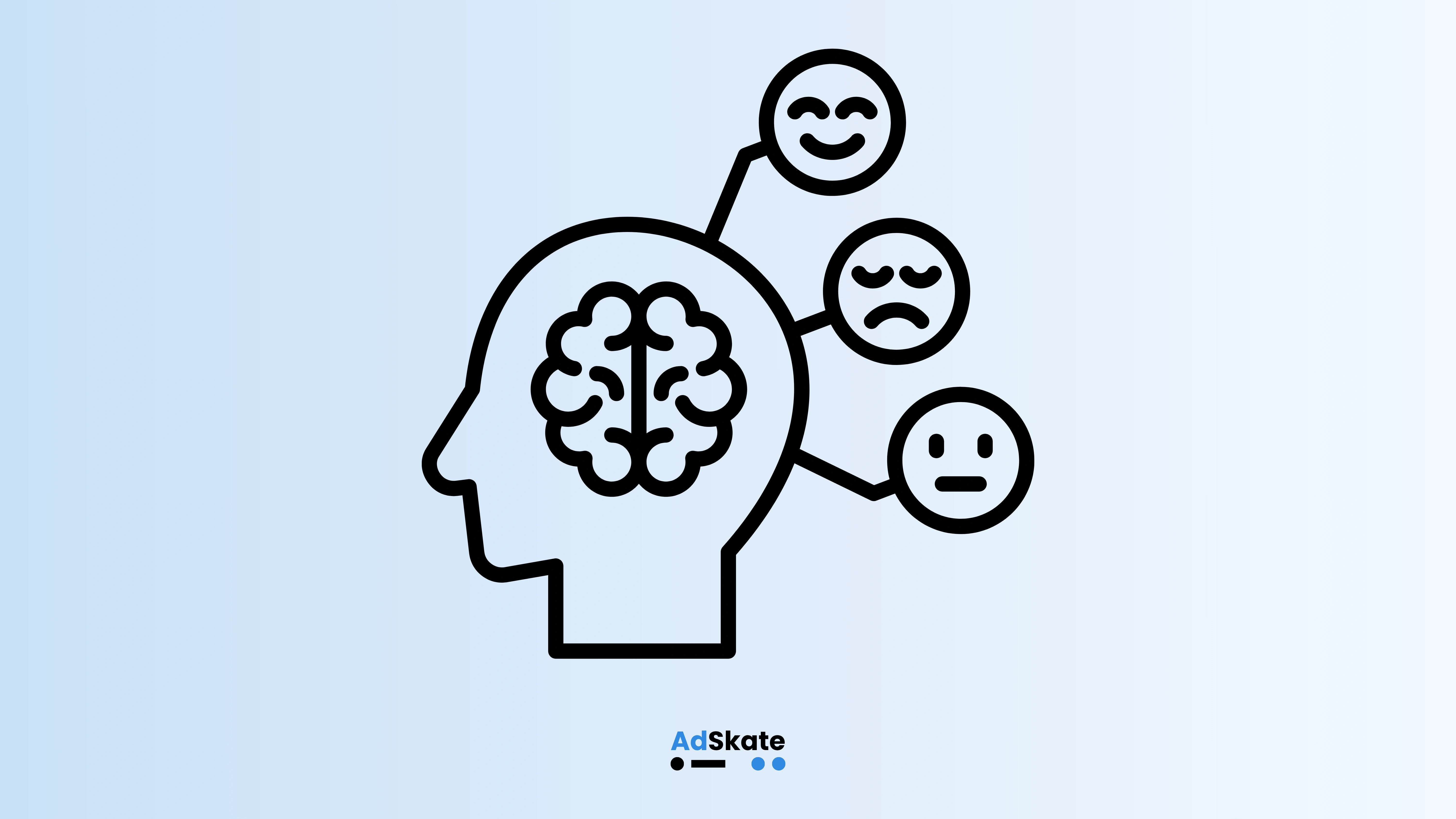 Illustration of a human head with a brain connected to multiple emotional expressions representing emotional analysis in marketing and synthetic audience insights.
