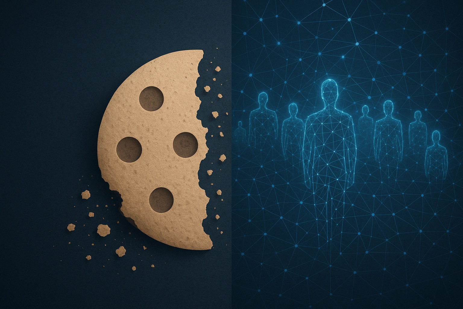 Visual comparison of crumbling third-party cookies and advanced synthetic audience modeling with AI-generated networked human figures