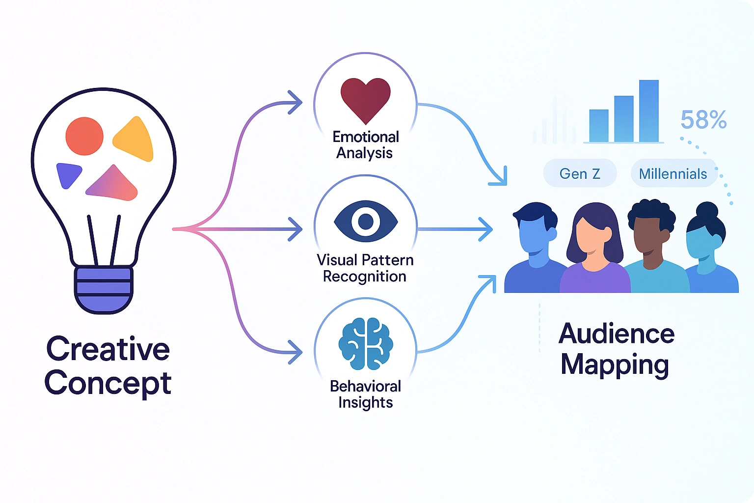 Infographic showing the audience mapping workflow from creative concept to emotional analysis, visual recognition, behavioral insights, and Gen Z and Millennial segments.