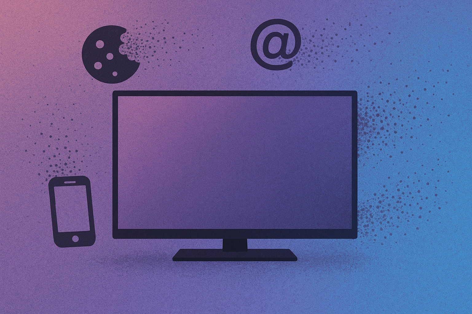 CTV screen surrounded by dissolving identity icons like email symbols, cookies, and device IDs, illustrating the shift from PII-based targeting to synthetic audiences