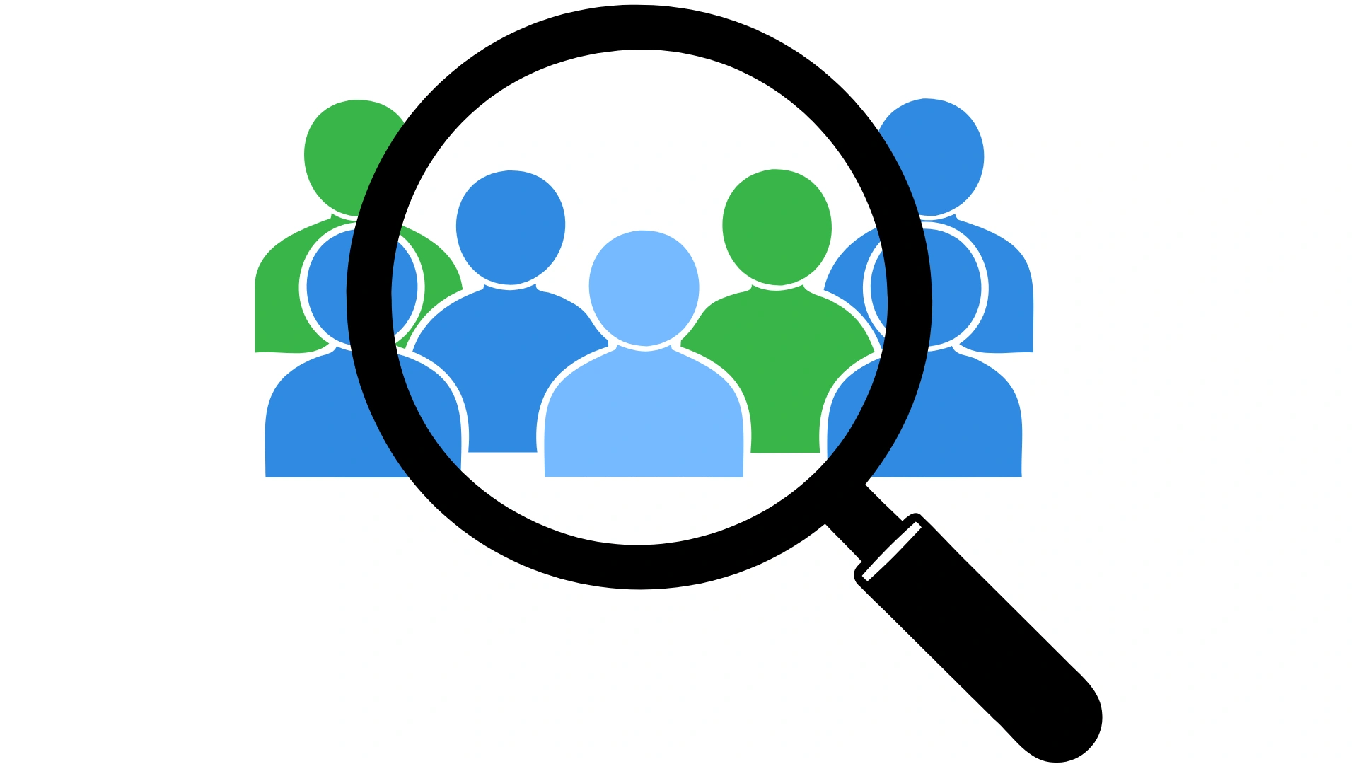 Magnifying glass highlighting groups of audience icons in blue and green, representing audience analysis and segmentation