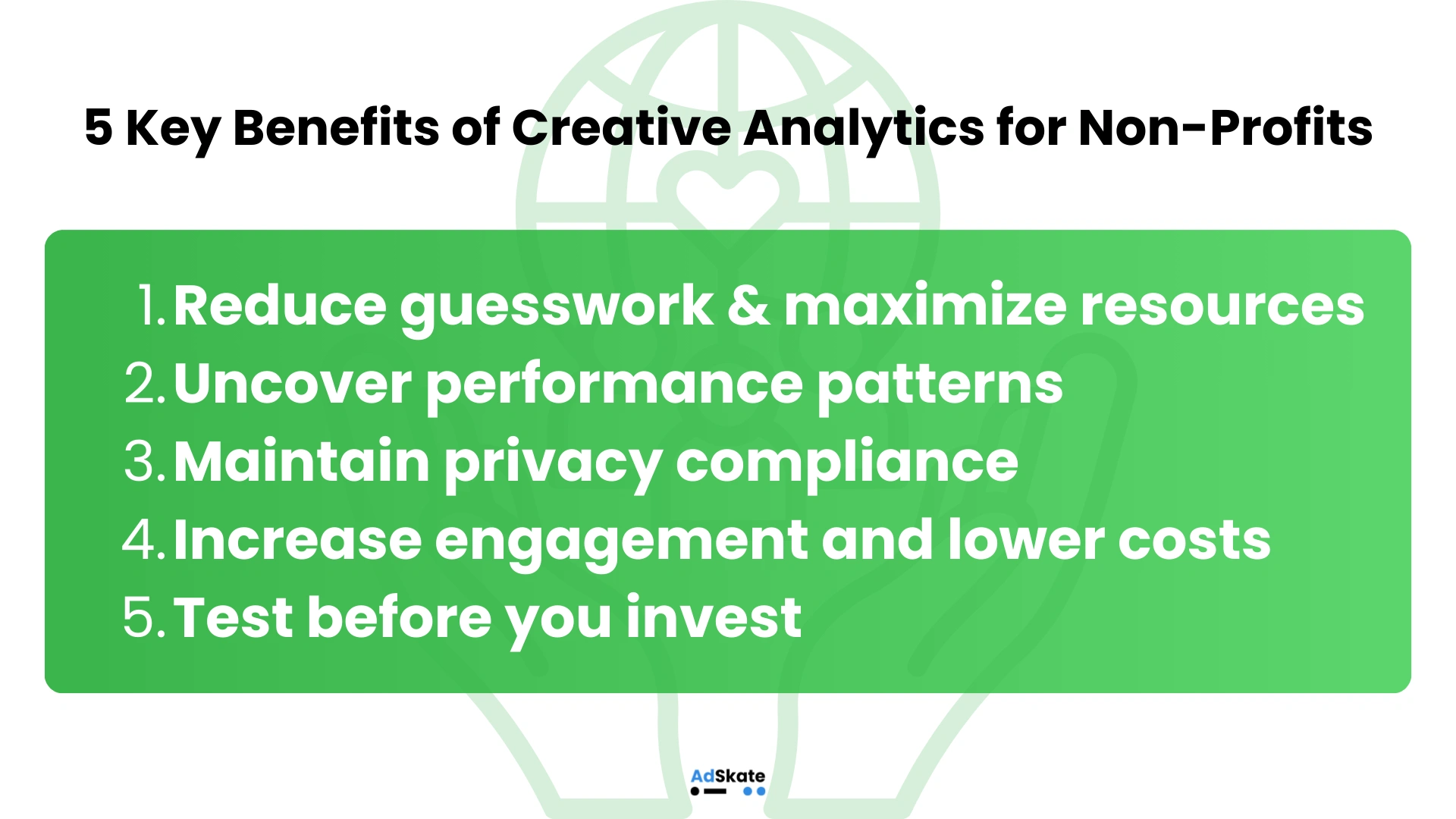 Infographic showing 5 key benefits of creative analytics for non-profits, including maximizing resources and maintaining privacy compliance