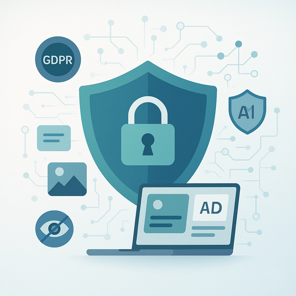 Illustration of AI-powered privacy protection for ad campaigns, featuring a shield with padlock, GDPR and AI icons, and creative testing elements