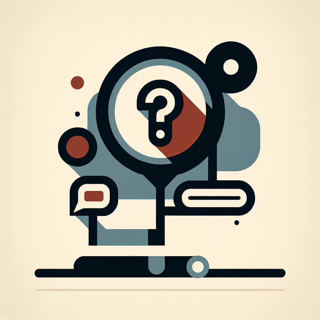 Layered speech bubble with a question mark, an abstract answer shape, and a right-pointing arrow, connected to a blank price tag shape.