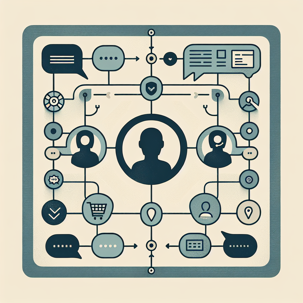 A profile silhouette facing an abstract assistant shape with a three-step connected flow from chat to product to receipt, with data branches to two back-end blocks and a shield overlay.
