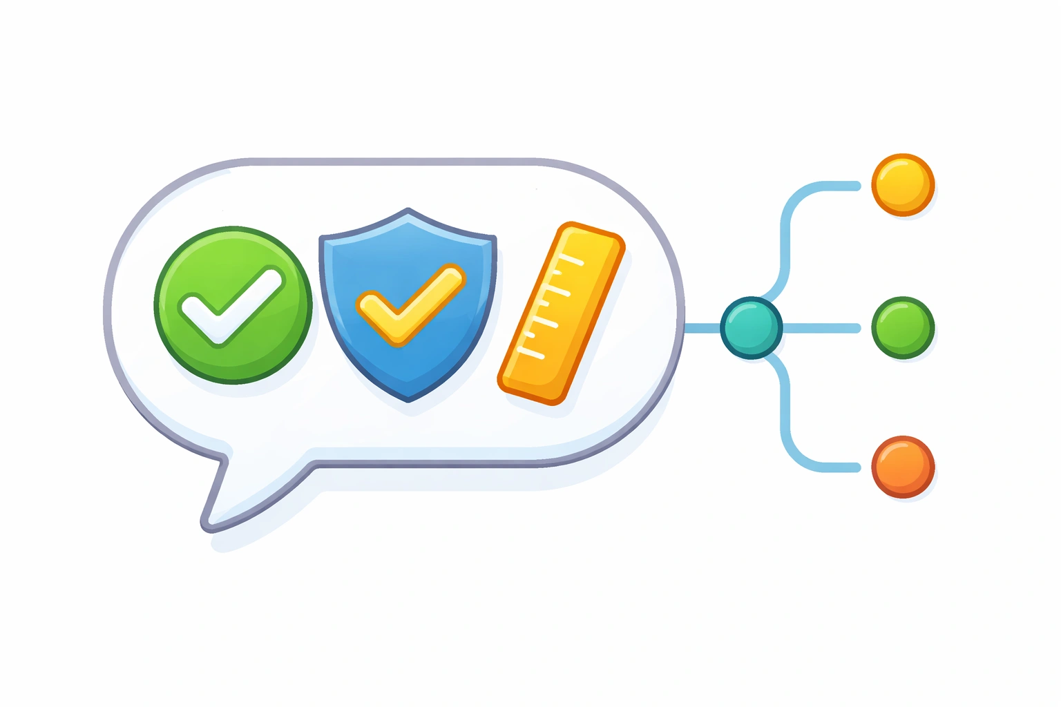 A speech bubble containing a checkmark, a shield, and a ruler icon, with a branching line path beside it