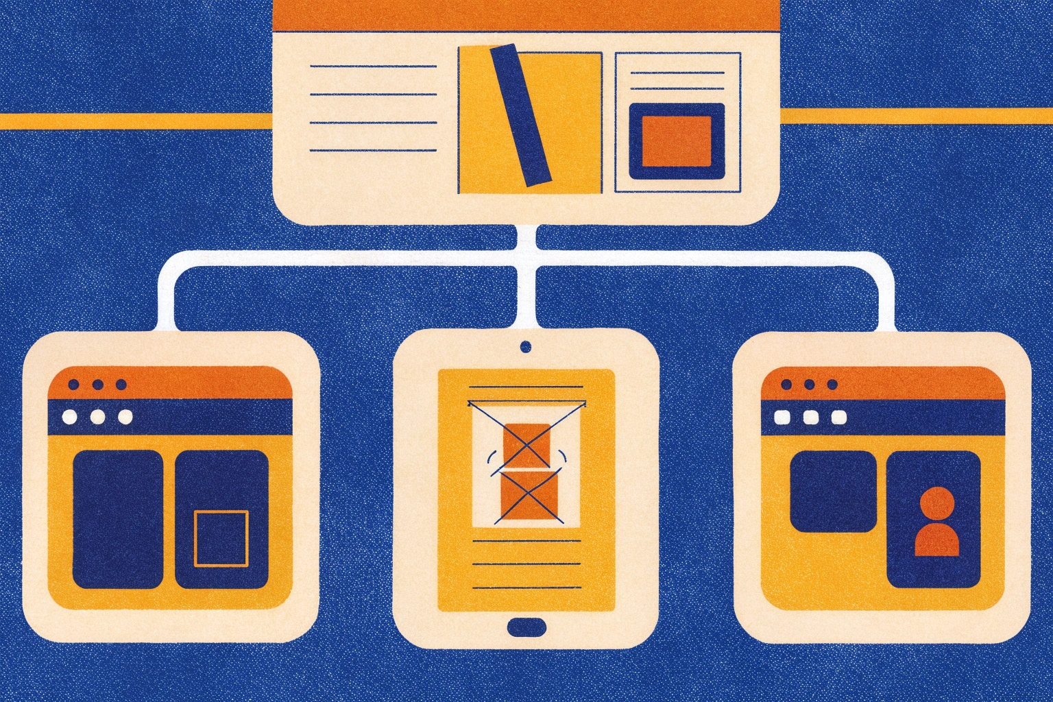 A central ad-shaped rectangle connected by lines to three smaller icons representing decision rules, placement safety, and documentation.