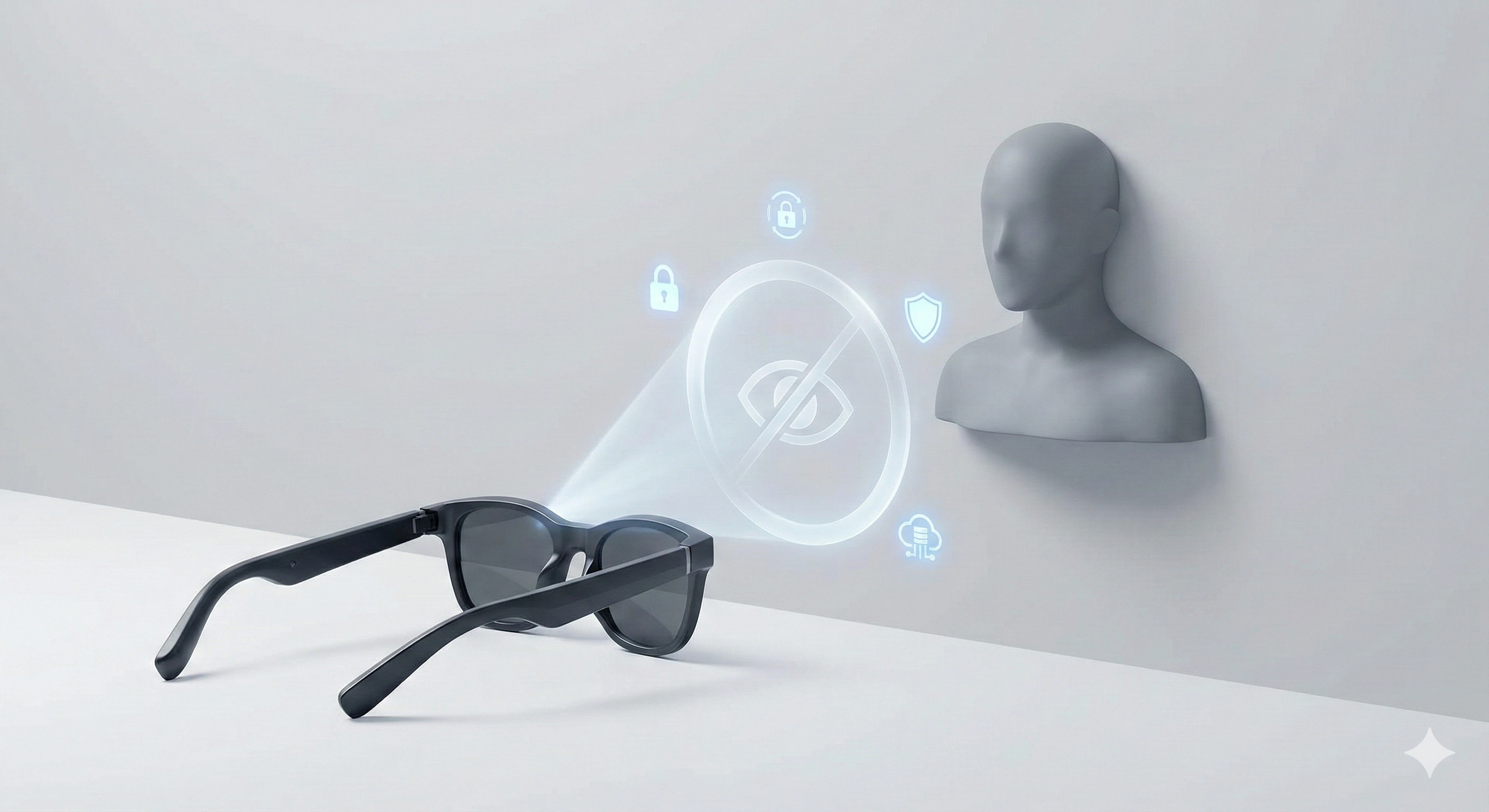 Minimalist smart glasses facing a gray human silhouette with a circular barrier blocking a viewing cone, and three small icons around the barrier