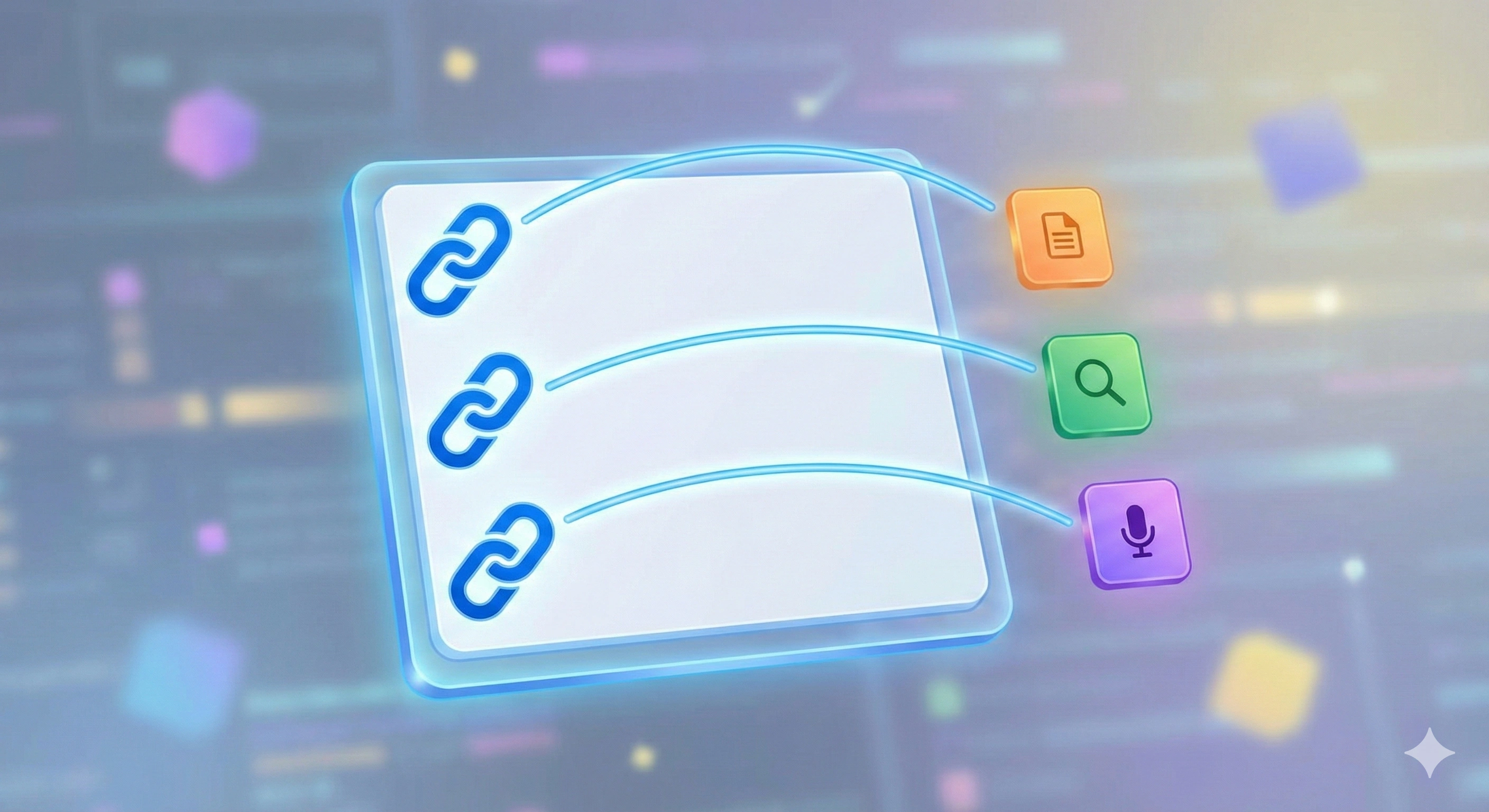 An abstract answer card with bold link icons along its edge connected by lines to three small source tiles.