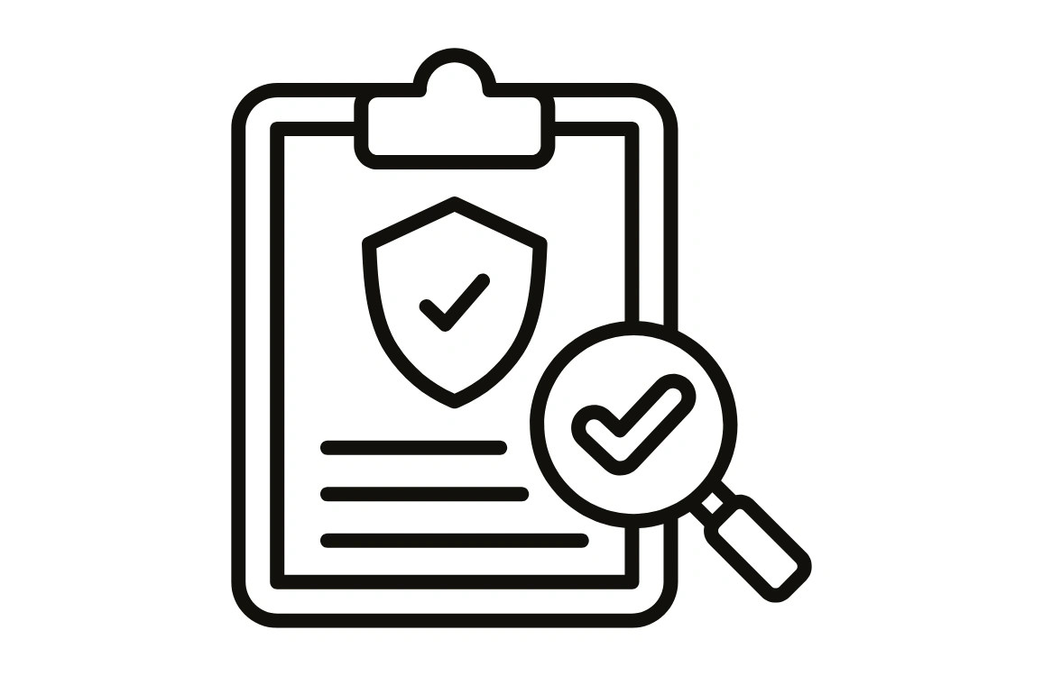 Clipboard with shield checkmark and magnifying glass icon representing compliance review or security audit.