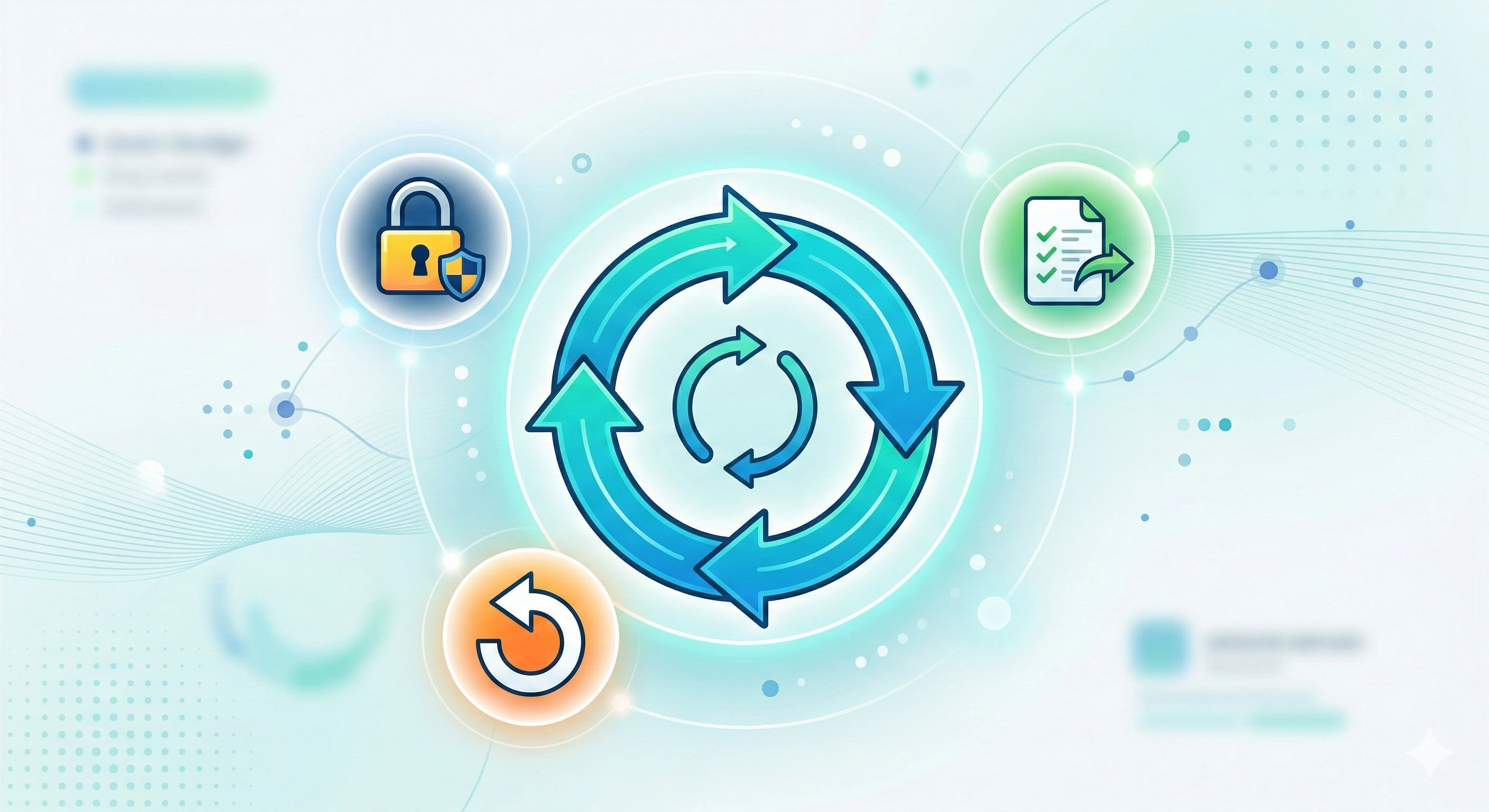 A circular feedback loop icon surrounded by a padlock, a checklist page, and an undo symbol.