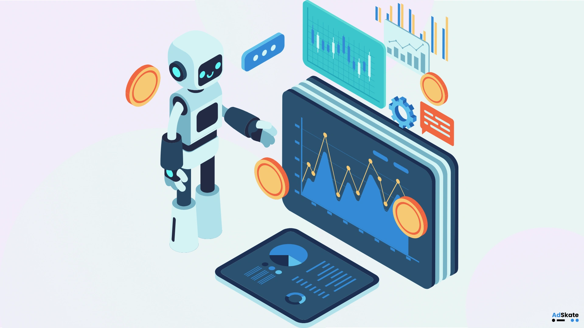 Isometric illustration of a white AI robot analyzing financial data charts and currency icons on a digital dashboard.