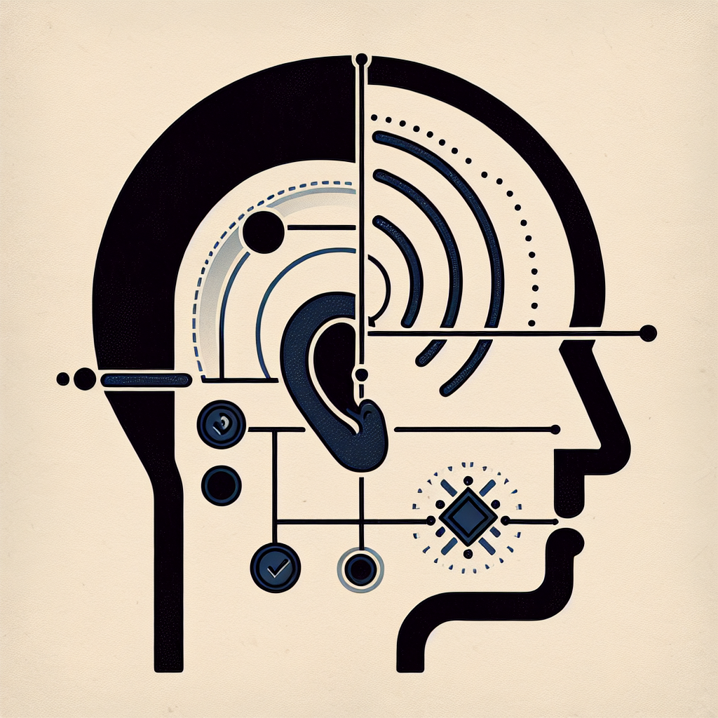 Side-profile head silhouette with sound waves entering the ear and a simple flow of shapes inside the head that splits into two paths and recombines.