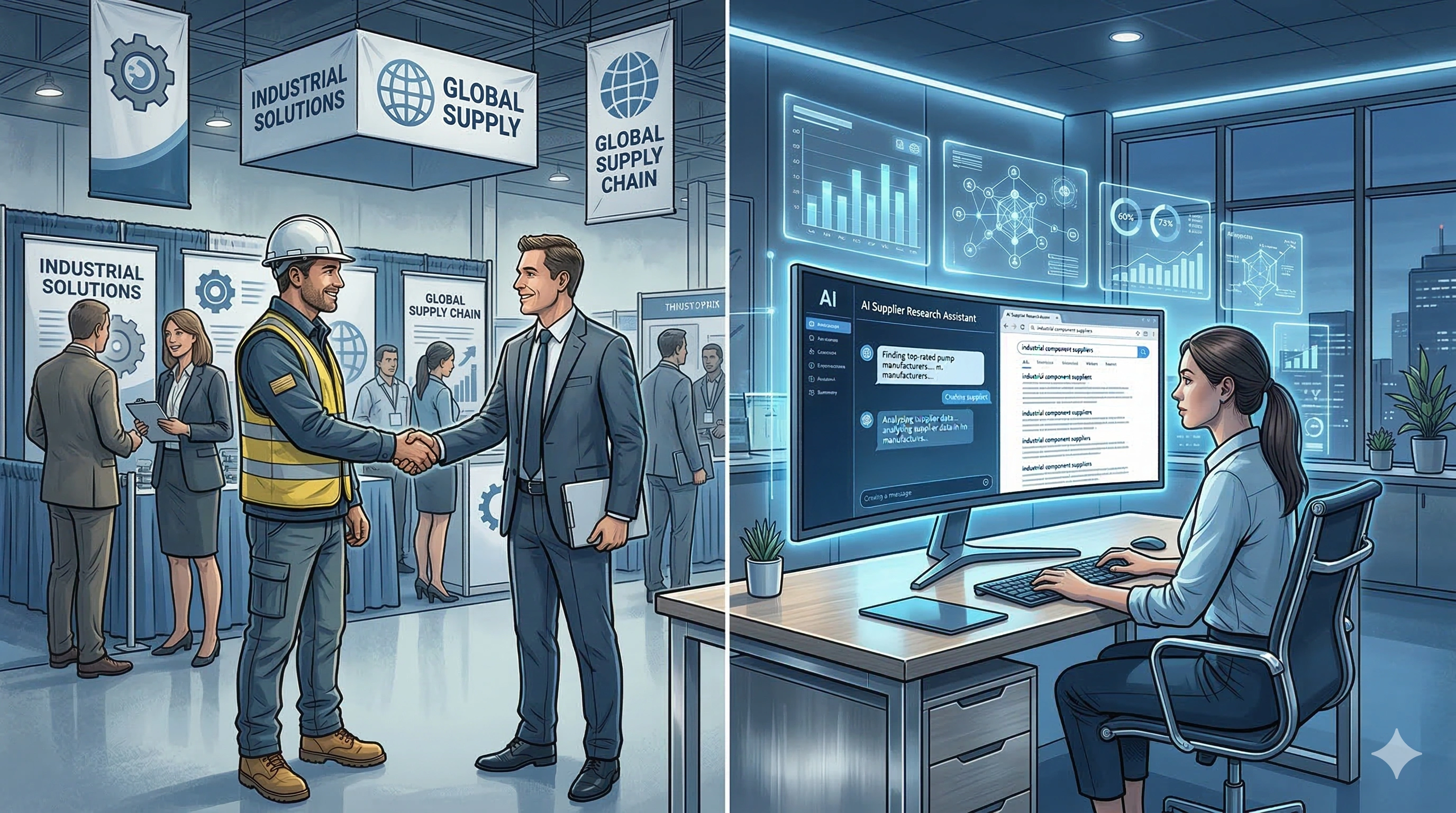 Manufacturing supplier discovery shifting from trade shows to AI-powered supplier research and digital analysis tools.