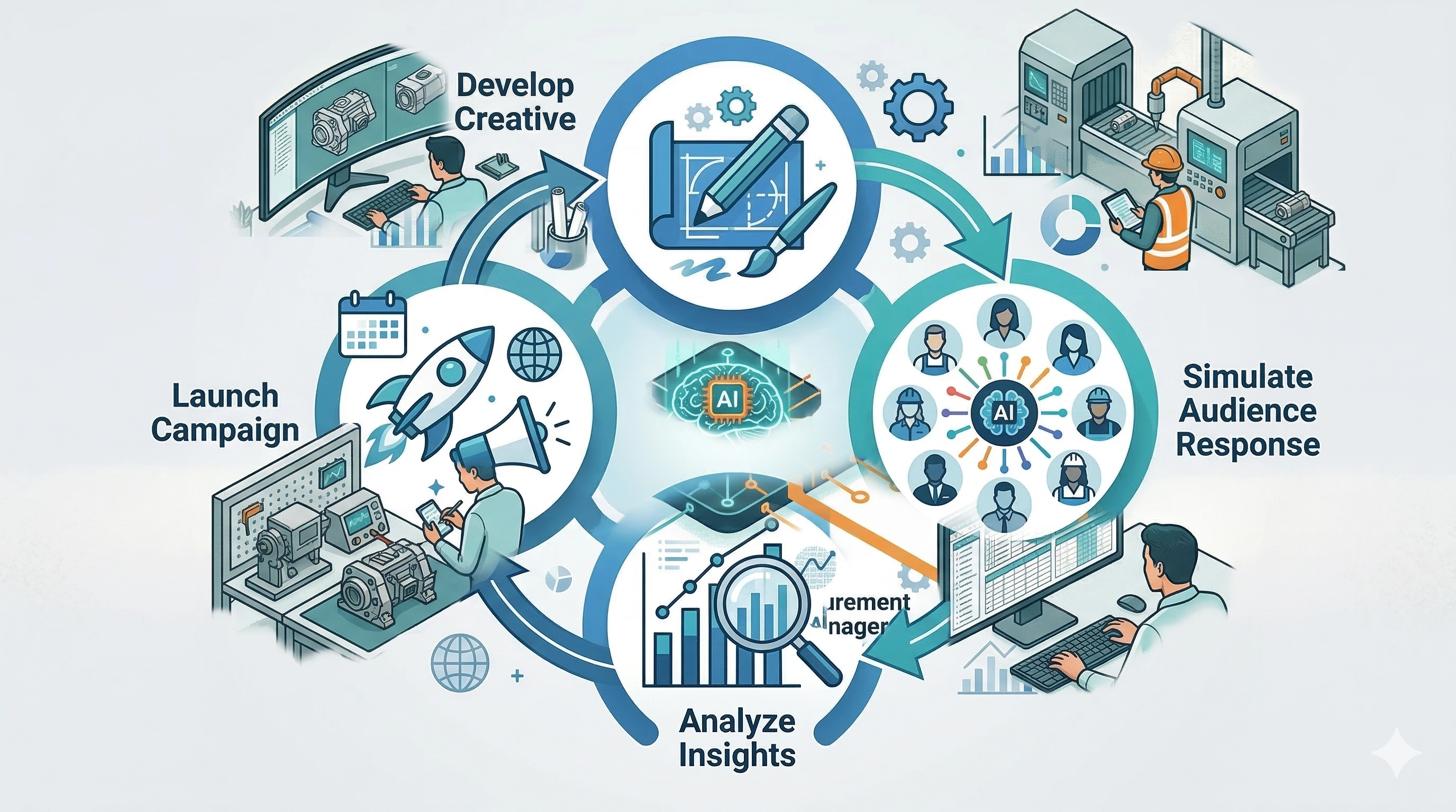 Creative analytics workflow showing campaign development, audience simulation, marketing launch, and performance analysis for manufacturing marketing.