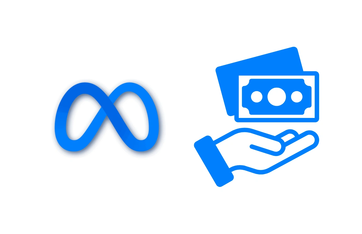 Meta logo and blue hand holding dollar bills.
